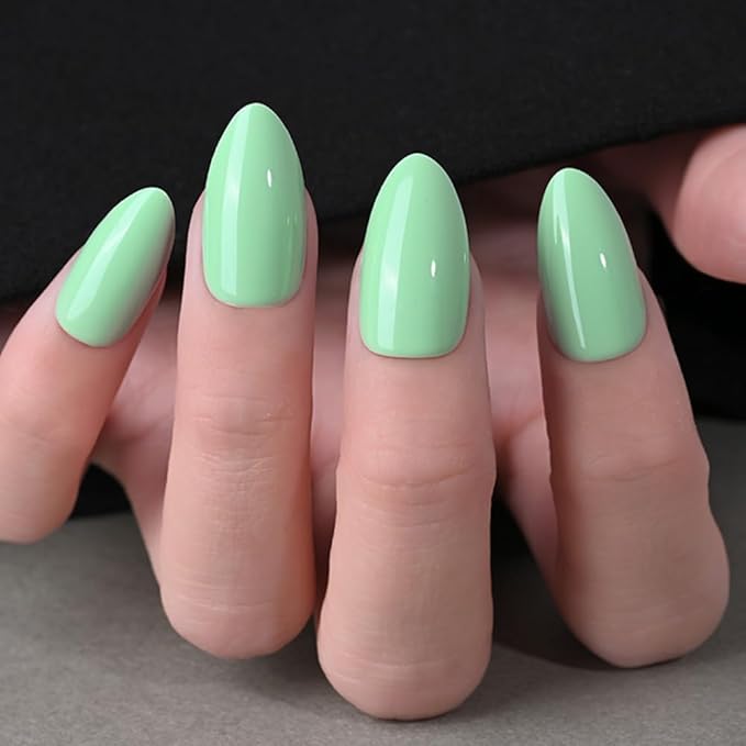 evpct Glossy Press on Nails Short Almond Short for Women, Green Fake Nail with Glue Salon Quality Reusable Stick on Nails In 15 Sizes 30Pcs Full Cover False Nail Soft Gel Set Kit for Gift, 16