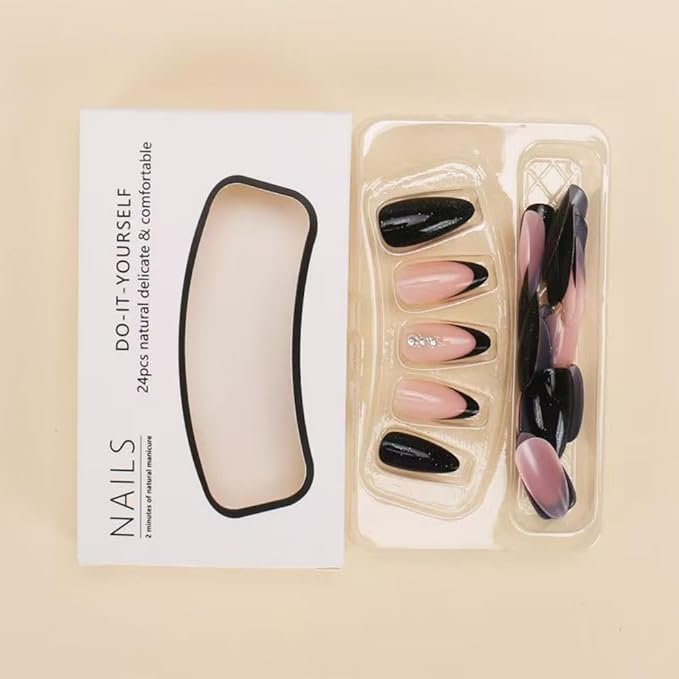 Black Press on Nails Medium Almond Shape Fake Nails with Glitter Design Glossy Stick on Nail Artificial Nail Nude Full Cover False Nail Rhinestone Glue on Nails for Women Girls Manicure 24Pcs