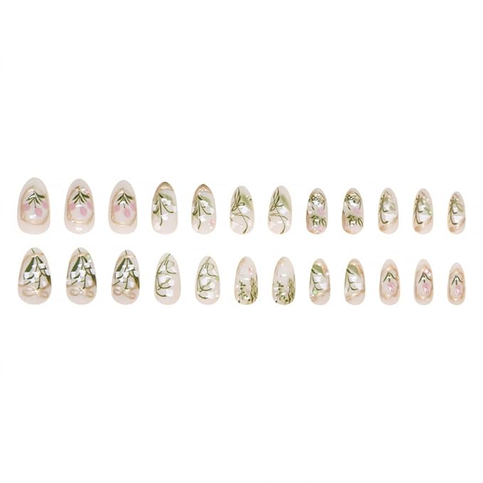 24Pcs Green Press on Nails Medium Almond Fake Nails 3D Pearl Rhinestones Design Gold French Tips Flower Acrylic Nails Glue on Nails Spring False Nails White Floral Full Cover for Women Manicure Salon