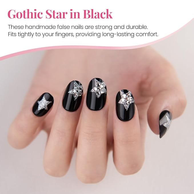 Press on Nails Short Oval, Black Fake Nails Kit with 3D Sparkling Pentagram & Mixed Cat Eye Design, Natural Stick on Nails, Glossy Acrylic Short Press on Nails Thick Reusable Glue on Nail for Women