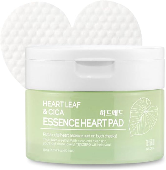 TENZERO Heart Leaf CICA Essence Heart Pad (50 Count, 150g), Redness Relief Soothing Pore Care for Sensitive Skin, Korean Facial Toner Pads, Hydrating & Refreshing, Centella