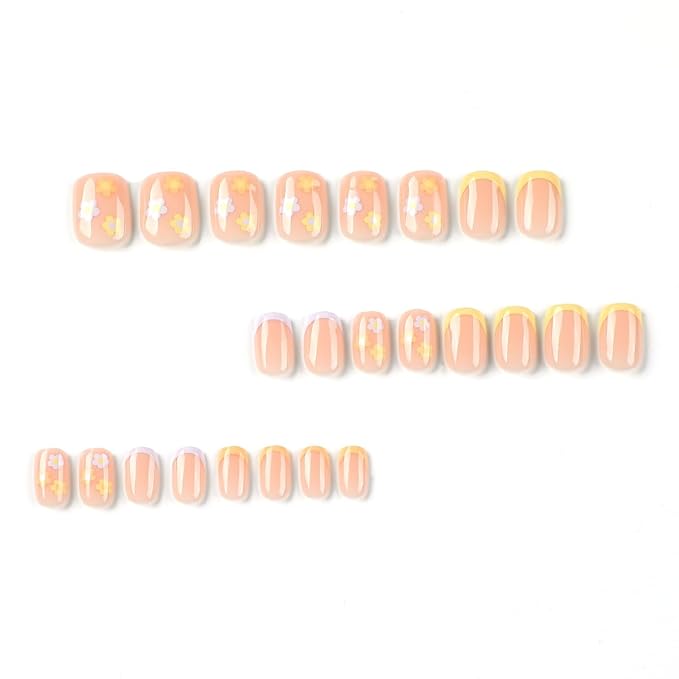 French Tricolor Short Square Press on Nails, fall False Nails with Cute Fflower Pink Design, Glossy Gel Finish Acrylic Nails, Thick Natural Reusable Nail Glue Set For Women, 24 pieces