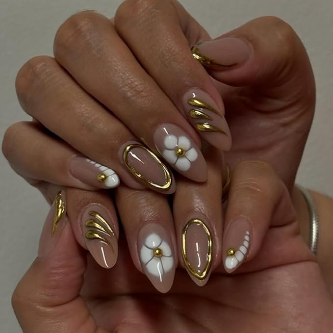 Medium Almond Press on Nails Gold French Tip Fake Nails White Flower Press ons Luxury Stiletto Glue on Nails 3D Gilded Lines Pearls Design Acrylic Glossy False Nails for Women Girls 24Pcs