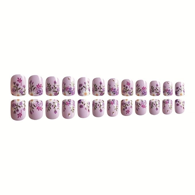 24Pcs Purple Flower Press on Nails Short Square Fake Nails Spring False Nails Flower Full Cover Artificial Glue on Nails Glossy Stick on Nails Cute Nail Supplies for Women DIY Acrylic Manicure Salon