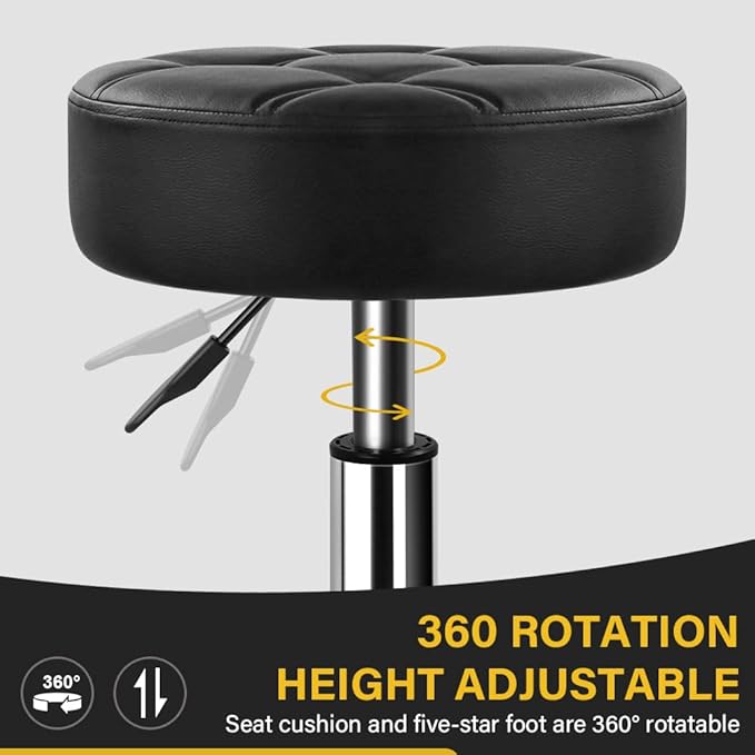 Heavy Duty Rolling Stool with Wheels Hydraulic Lift 360 Swivel Adjustable Rolling Stool Thick Leather Ergonomic Seat Stool Chair for Kitchen Drafting Lab Office Salon Message Stool Black