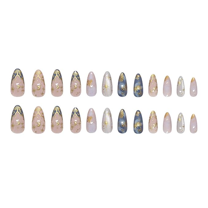 24Pcs Moon and Star Press on Nails Medium Almond French Tip Fake Nails Golden Stars Moon Flowers Designs Full Cover Glitter Stick on Nails Gold False Nails for Women Acrylic Nail Decorations DIY
