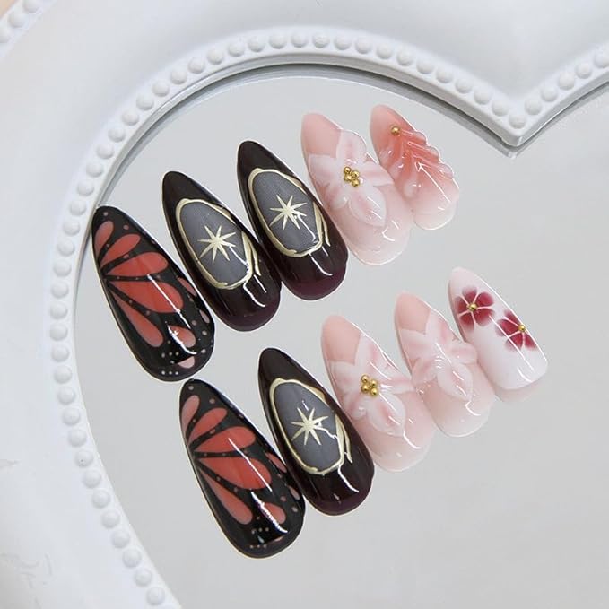 Long Almond Press on Nails Fake Nails with 3D Flowers and Butterfly Design False Nail with Star Accents and Gradient Color Stick on Nail for Women 24pcs