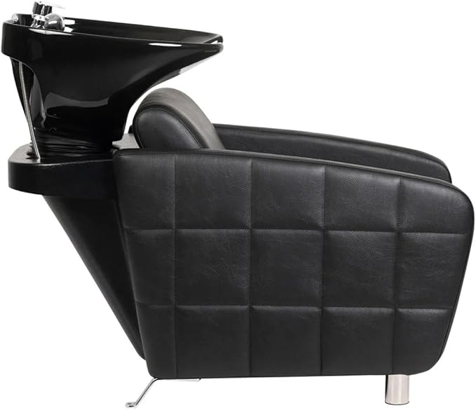 Buy-Rite Icon Shampoo Backwash Unit for Salons & Barbershops, Wide Seat with Lumbar Support, Modern Quilted Vinyl Design, Tilting Porcelain Bowl with Dual Nozzle & Built-In Vacuum Breaker - YLG-192-BW