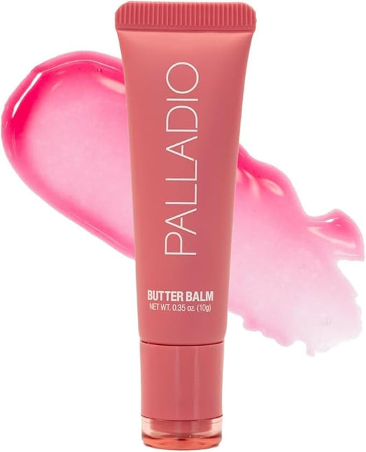 Palladio Butter Balm - Hydrating Lip Balm with Sheer Tint, Aloe, Peptides, Shea Butter, and Vegan Formulation for Instant Moisture, Shine, and Soothing Lip Care, Strawberry Shortcake