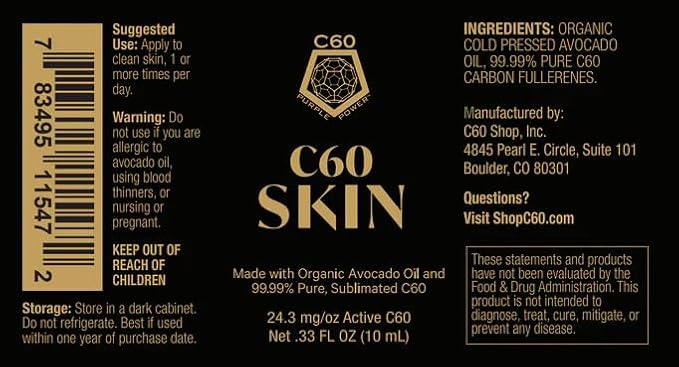 C60 Power - Skin Roll-On - Age-Defying Antioxidant Protection - Reduce Wrinkles, Heal Skin, Non-Greasy - Face, Body, Bug Bites, Scarring - Organic Avocado Oil, 99.99% Pure C60 Fullerenes
