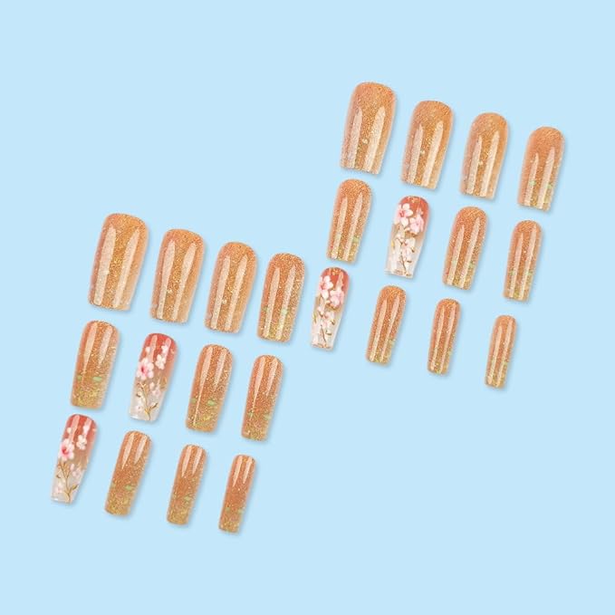 Medium Press on Nails Square Fake Nails Floral False Nails Sparkly Artificial Nails with Flowers Designs Stick on Nails for Women 24pcs