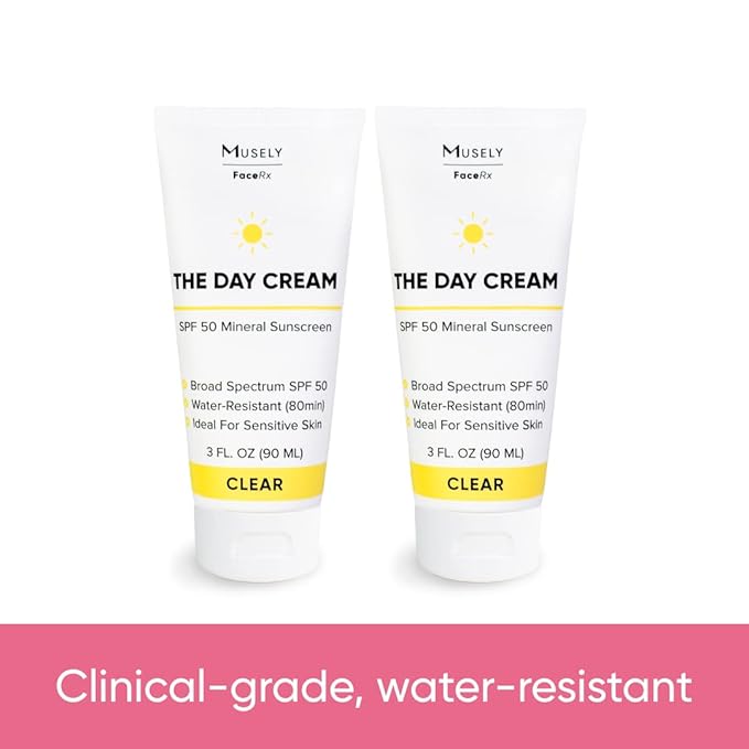 Musely Day Cream Mineral SPF 50, Clinical Grade Sunscreen, Broad-Spectrum, Water Resistant, 3 Fl Oz, Clear Color, 2x Bundle