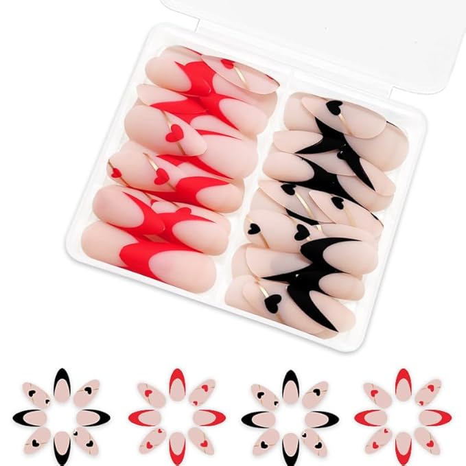 2 Packs 48Pcs Almond Press on Nails Medium Valentine's Day Fake Nails Red Black French Tip Nails Press on Heart Love False Nails Reusable Artificial Acrylic Nails for Women Girls Nails Decoration Kit