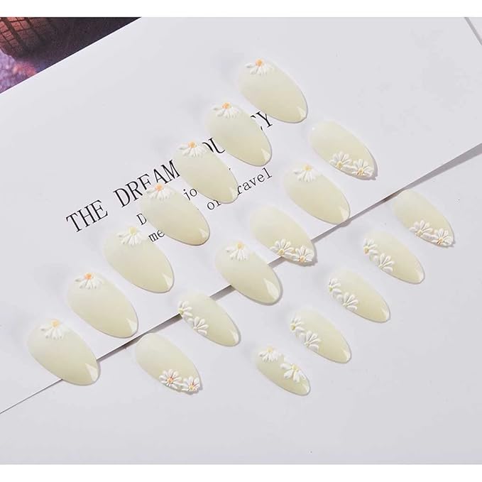 RikView White Almond Press on Nails Medium Fake Nails Nude Stick on Nails Embossed Nails with Daisy Design