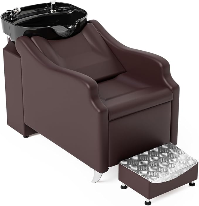 Salon Shampoo Bowl and Chair, Hair Wash Chair Shampoo Station with Deep Ceramic Sink, Backwash Barber Chair Shampoo Unit for Beauty Spa Barbershop Massage