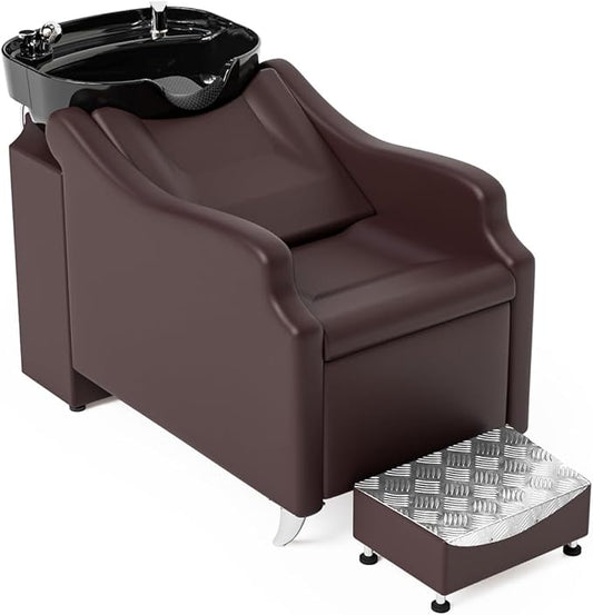 Salon Shampoo Bowl and Chair, Hair Wash Chair Shampoo Station with Deep Ceramic Sink, Backwash Barber Chair Shampoo Unit for Beauty Spa Barbershop Massage