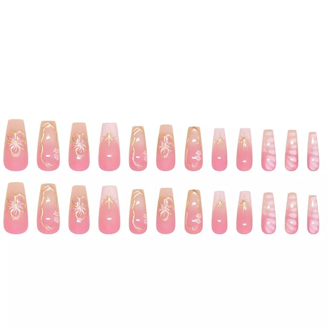 Long Square Press on Nails with Gold Floral Designs Glossy Pink Fake Nails Golden Stars Glue on Nails Gradient French Tip Stick on Nails 3D Flower Artificial Nails for Women Girls, 24Pcs