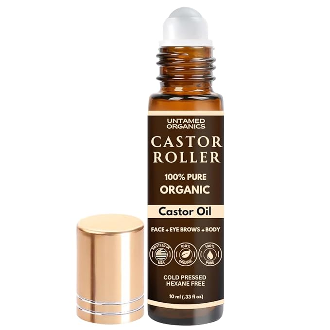 100% Organic Castor Oil Roll On For Eyebrows, Lips, Under Eyes, Eyelashes, Cuticles - Mess Free Roller Ball - Certified Organic, Cold Pressed, Hexane Free - Travel Sized Glass Bottle