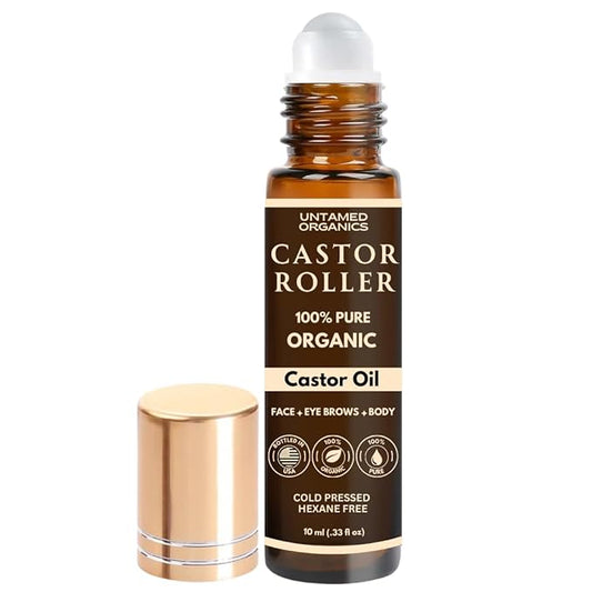100% Organic Castor Oil Roll On For Eyebrows, Lips, Under Eyes, Eyelashes, Cuticles - Mess Free Roller Ball - Certified Organic, Cold Pressed, Hexane Free - Travel Sized Glass Bottle