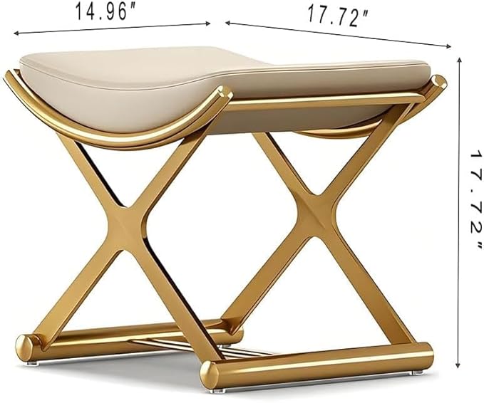 Luxury Modern Vanity Stool with Gold X-Frame Metal Legs, Cream Leather Ottoman Bench Seat for Bathroom, Living Room, Makeup, 17.72 x 14.96 inches (Gold)