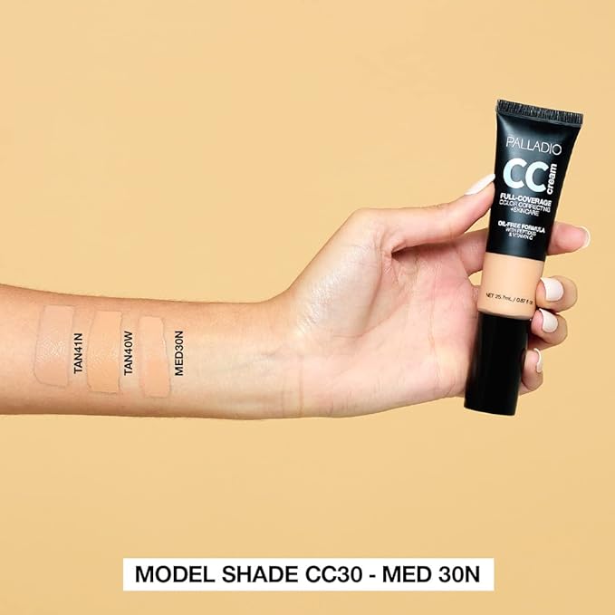 Palladio Full-Coverage Color Correction CC Cream, Oil-Free with Peptides & Vitamin C, Best for Correcting Redness and Uneven Skin Tone, Buildable Foundation Coverage (Med 30N)
