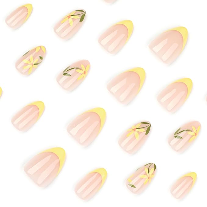 Nude Fake Nails with Yellow French Tip and Hand-Painted Floral Design, Glossy Gel Finish Acrylic Nails Kit for Women, 24 Pcs
