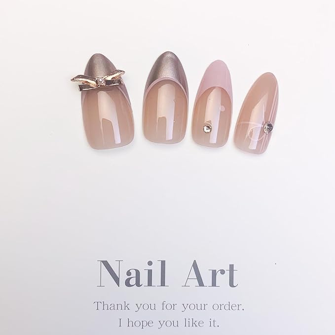 French Tip Press on Nails Medium Almond Fake Nails Bow Charms Full Cover Stick on Nails Nude Pink False Nails with Pearl Rhinestone Nail Tips Designs Acrylic Nails for Women Girls 30 Pcs