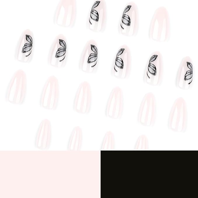 Butterfly Press On Nails Almond Shape, Nude Fake Nails with Butterfly Cat Eye Gray Ombre Design, Glossy Gel Finish Acrylic Nails Kit for Women, Natural Reusable Glue-On Nails Set, 24 Pcs