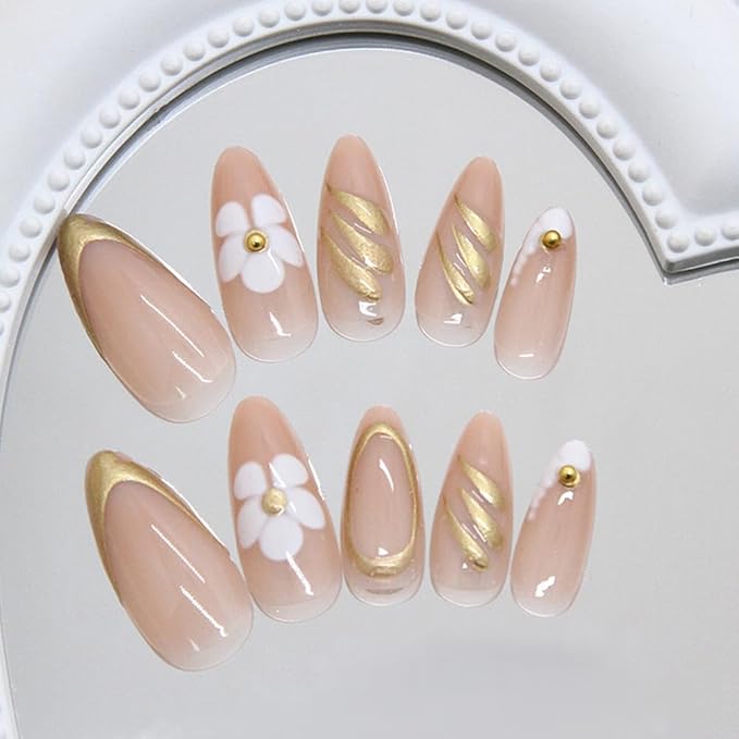 Medium Almond Press on Nails Gold French Tip Fake Nails White Flower Press ons Luxury Stiletto Glue on Nails 3D Gilded Lines Pearls Design Acrylic Glossy False Nails for Women Girls 24Pcs