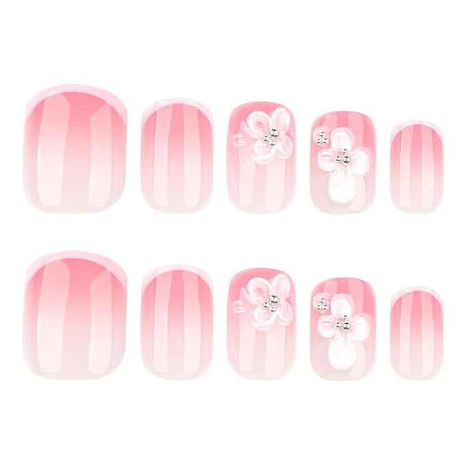 24Pcs French Tip Press on Nails Short Square Fake Nails 3D Flower False Nails with Charms Summer Glue on Nails Full Cover Glossy Gradient Pink Acrylic Nails White Flower Stick on Nails for Women