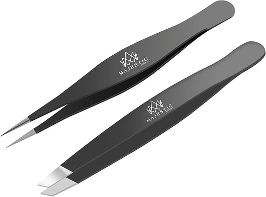 Majestic Bombay Fine Point + Slant Tweezers for Women and Men – Splinter Ticks, Facial, Brow and Ingrown Hair Removal–Sharp, Needle Nose, Surgical Tweezers Precision best tweezers for chin hair