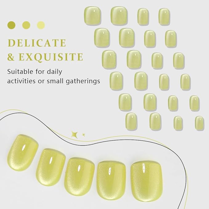 evpct Light Green Cat Eye Extra Short Press on Nails Square, Petite Short Square Glue on Nails for Women Gift, Avocado Metallic Glitter Glossy Reusable Gel Press on Acrylic Fake Nail with Designs