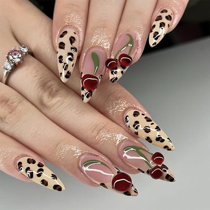 Handmade 3D Cherry Leopard Print Press On Nails Medium Almond, Cheetah French Tip Designer Reusable Acrylic Fake Nails With Glue On Nail, Nails Press Ons Daily Wear False Nails For Women