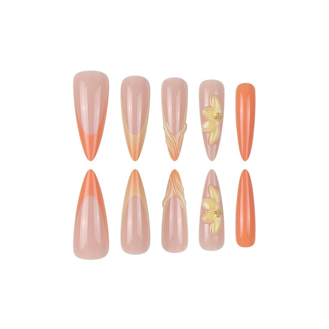 Long Press on Nails Almond shaped False Nails Nude Pink and Orange Fake Nail Artistic 3D Flower Stick on Nail for Women 24pcs