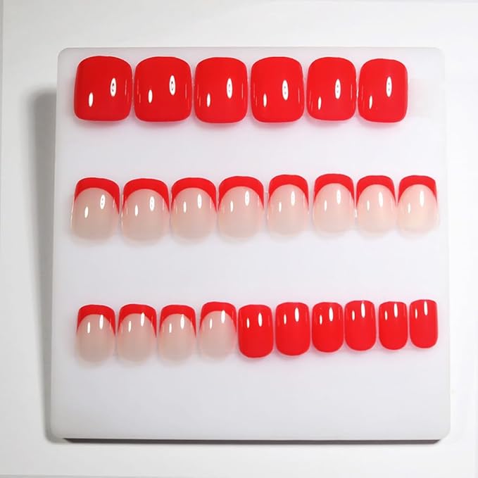 Red French Tip Press on Nails Short, Square Fake Nails Kit, Glossy Gel Finish Acrylic Press On Nails, Natural Glue On Nails, Reusable Stick On Fake Nails for Women, 24Pcs