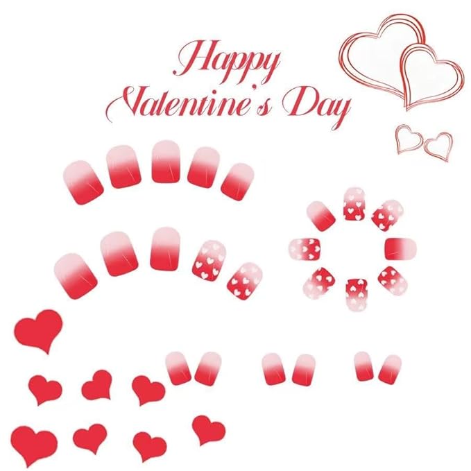 2 Packs 48Pcs Press on Short Square Fake Nails - Valentine's Day Acrylic Red Glitter Ombre Glue on Kid Heart Love False Stick on Decoration for Women Girls