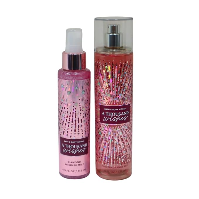 Bath & Body Works A Thousand Wishes Fine Fragrance Body Mist 8 oz & A Thousand Wishes Fine Fragrance Shimmer Body Mist 4.9 oz Gift Set packaging with a Red bow