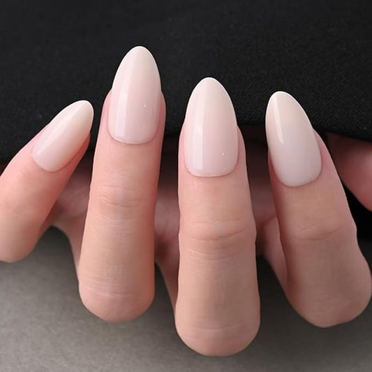 evpct Glossy Press on Nails Short Almond Short for Women, Nude White Fake Nail with Glue Salon Quality Reusable Stick on Nails In 15 Sizes 30Pcs Full Cover False Nail Soft Gel Set Kit for Gift, 09