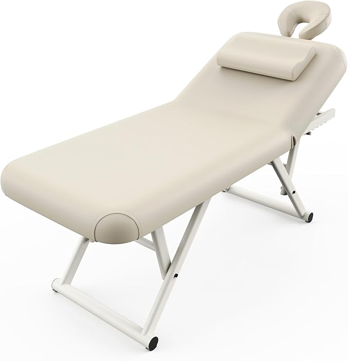 pouseayar Adjustable Massage Table with Face Pillow & Headrest, Sturdy and Solid, Silent and Easy to Adjust - Adjustable Backrest, Beige Gray