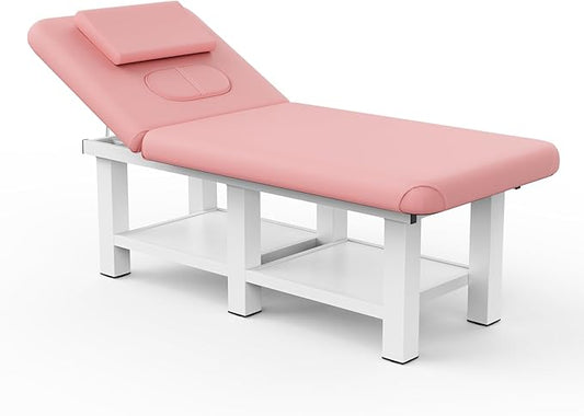 pouseayar Metal Frame Wide Stationary Massage Table for Treatment Table Physical Therapy Table Spa Facial Bed, PU Leather 31.5'' Wide 75'' Long (Pink, Segmented Structure)