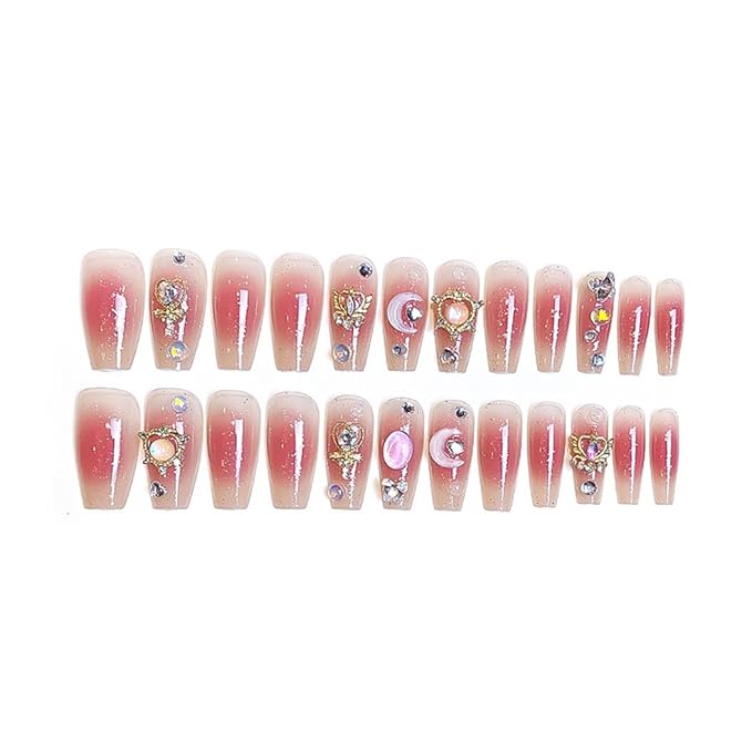 RikView Long Press on Nails Pink Fake Nails with 3D Design Coffin Nails Glossy Full Cover Nails for Women 24 PCs/Set