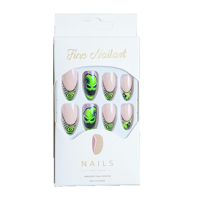 24Pcs Goth Press on Nails Medium Almond French Tip Fake Nails Horror Monster with Black Castle Design Horror Green Full Cover Artificial Glue on Nails Goth False Nails for Women Acrylic Manicure DIY