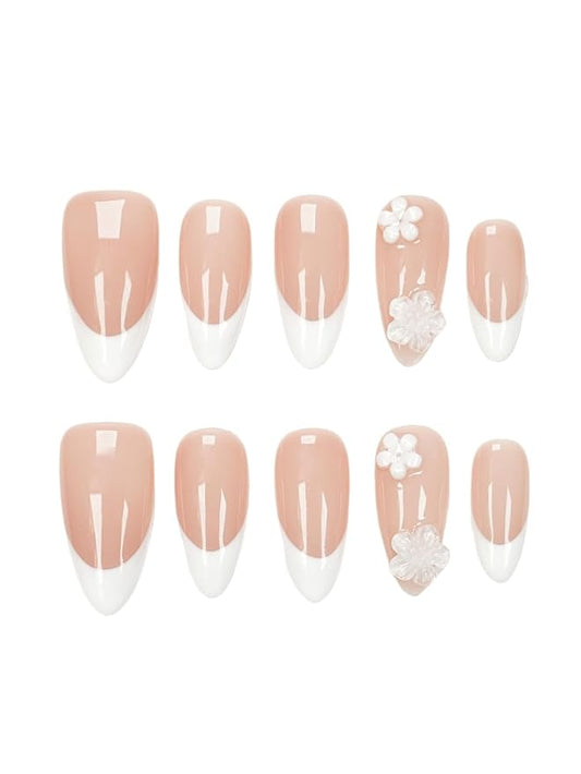 3D White Floral Press On Nails - Handmade Nude Base White French-Tip Medium Almond Salon Gel Acrylic Nails -Reusable Full Set 10pcs (Dancing Petals, Size M)