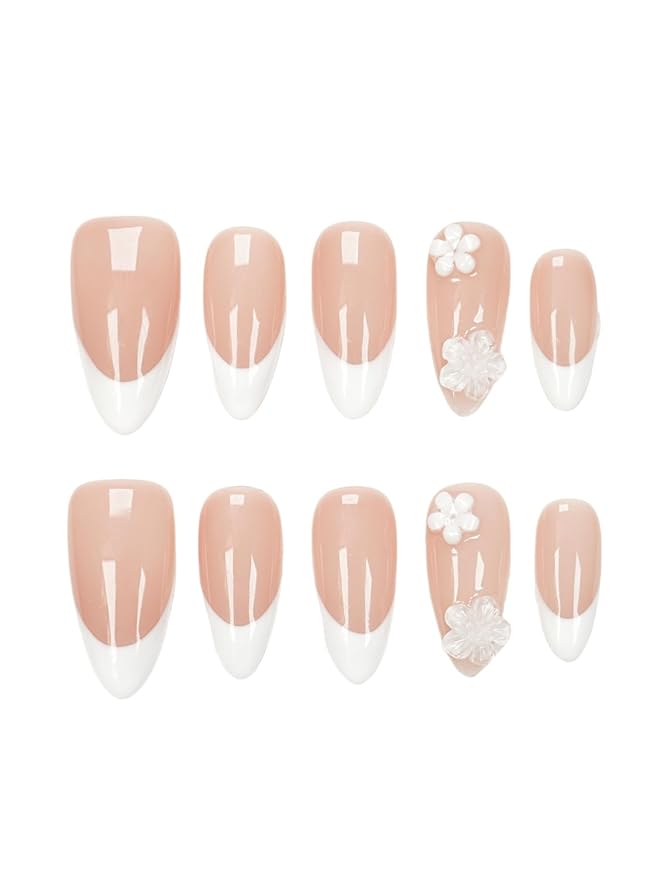 3D White Floral Press On Nails - Handmade Nude Base White French-Tip Medium Almond Salon Gel Acrylic Nails -Reusable Full Set 10pcs (Dancing Petals, Size S)