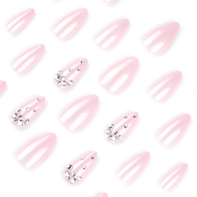 Nude Pink Rhinestone Press On Nails, Glossy Gradient Almond Fake Nails with Crystal Gems Design, Elegant Sparkly Stick On Nails for Women, 24PCS Reusable False Nail Set