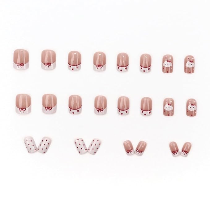 French Tip Press on Nails Short Square Fake Nails Glossy White Tie Bow False Nails Cute Acrylic Glue on Nails Heart False Nails Reusable Stick on Nails for Women Girls Nail Art Kit 24pcs