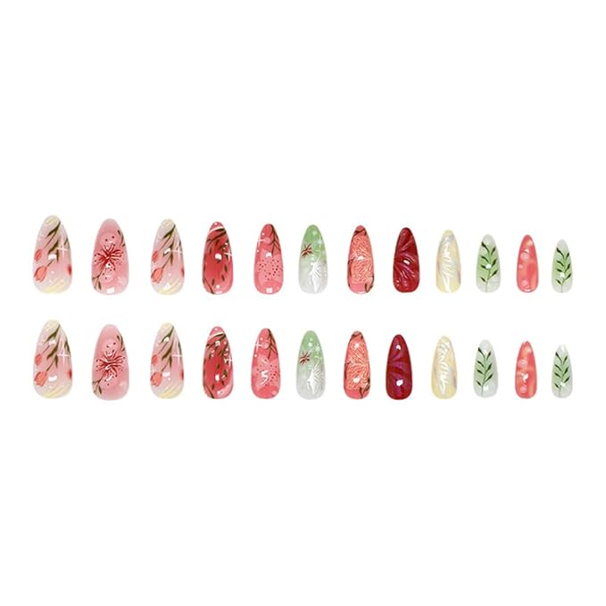 24Pcs 3D Flower Press on Nails Medium Almond Fake Nails with Bubble Butterfly Star Designs Cute Powder Blusher Acrylic Glossy Pink Tulip False Nails Green Leaf Stick on Nails for Women