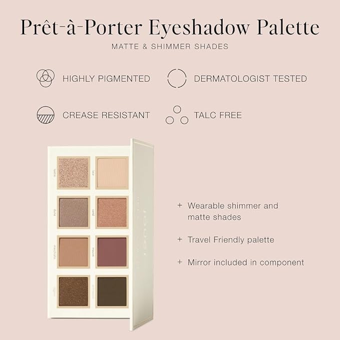 Jouer Prêt-à-Porter Eyeshadow Palette - 8 Matte & Shimmer Shades, Travel-Friendly with Mirror, Talc-Free Vegan Formula, 0.57oz