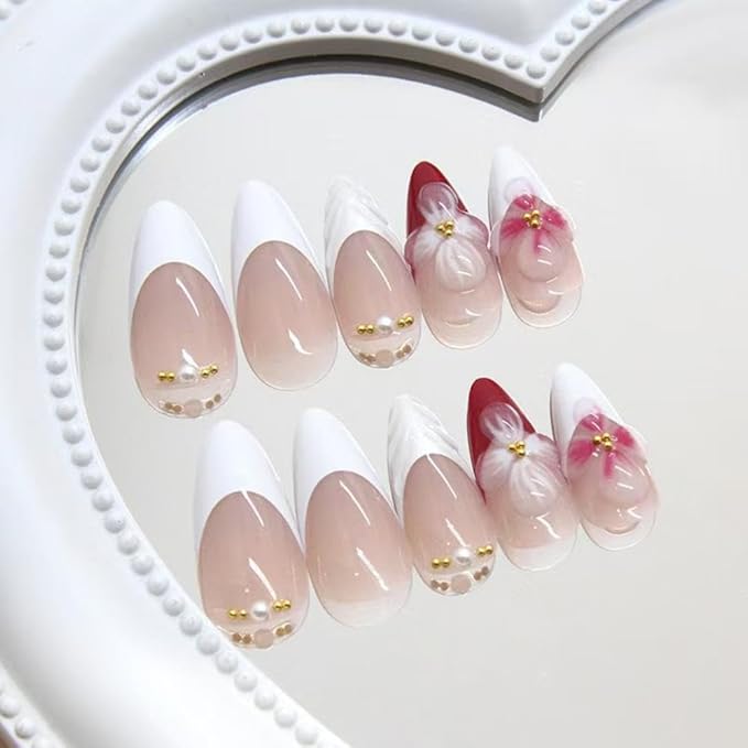 Flower Press on Nails White French Tip Fake Nails Medium Almond False Nails with Pearl Design 5D Floral Glue on Nails Glossy Artificial Acrylic Full Cover Spring Stick on Nail for Women Manicure
