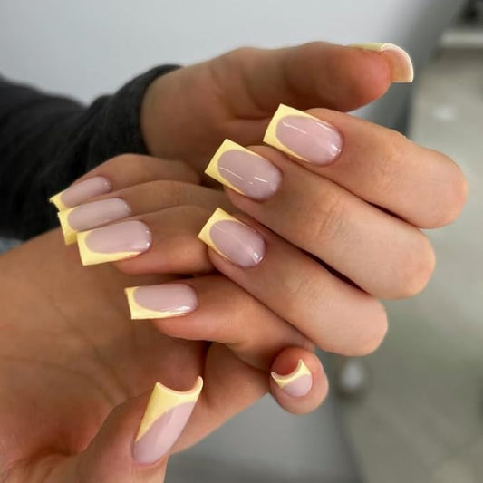 30 Pcs Light Yellow French Tip Press on Nails Short Square, Acrylic Fake Nails Press ons with Glue, Small Coffin Acrylic Natural Nude Glue on Nails for Women, 15 Sizes